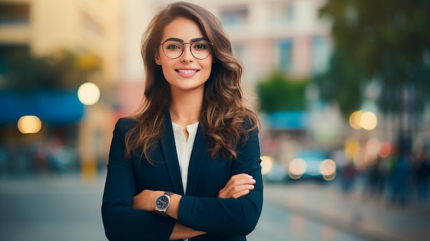 Portrait d'une jeune femme en costume d'affaires debout dans la rue dans le concept d'entreprise de la ville Illustrateur d'IA générative