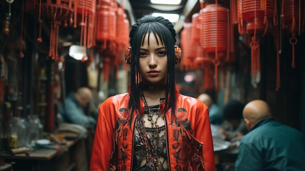 portrait d'une jeune femme en costume traditionnel avec un éventail