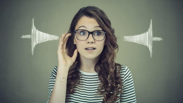 Photo portrait d'une jeune femme curieuse essayant d'entendre des rumeurs