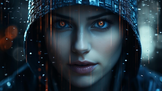 Portrait d'une jeune femme en cybersécurité avec un code de serveur