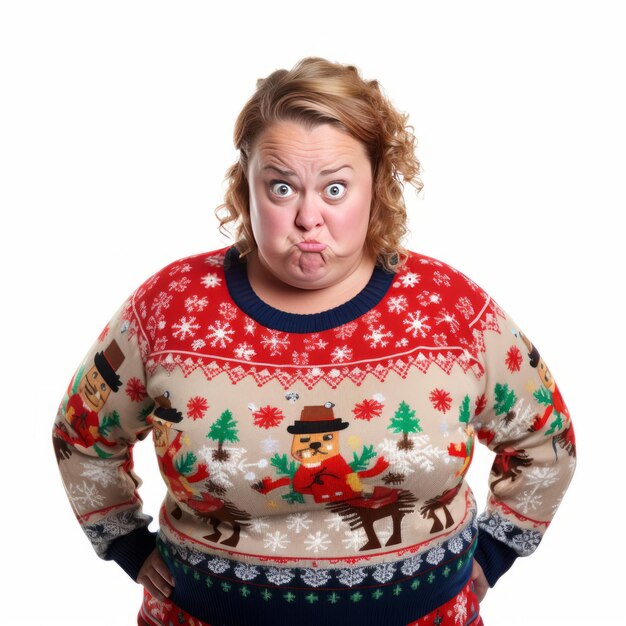 Portrait d'une jeune femme dans un pull de Noël sur un fond blanc