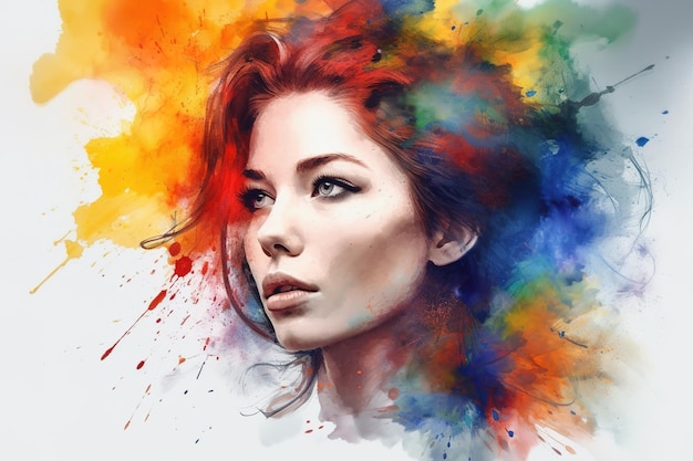 Portrait de jeune femme dans un style aquarelle belle couleur peinture AI générative