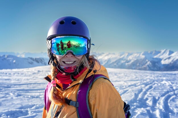 Portrait de jeune femme dans une veste lumineuse et un casque bleu avec un masque de ski lumineux avec reflet de la station de ski d'hiver