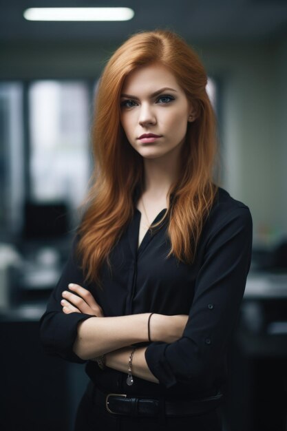 Portrait d'une jeune femme debout avec les bras croisés dans un bureau créé avec une IA générative