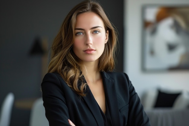 Portrait d'une jeune femme déterminée avec un regard confiant vêtue d'un costume d'affaires dans un bureau