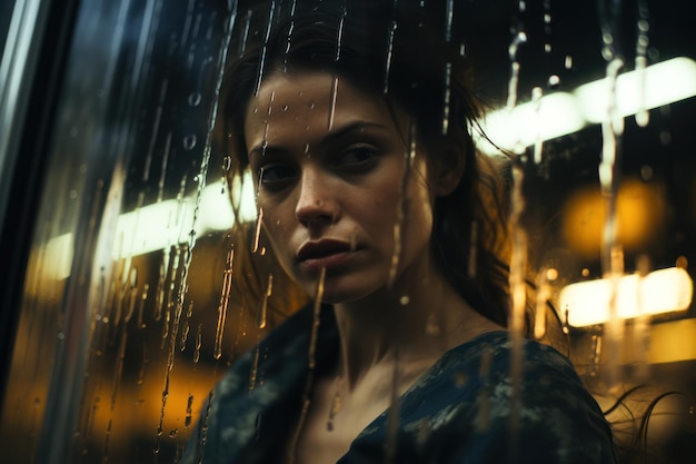 portrait d'une jeune femme devant la fenêtre avec des gouttes de pluie