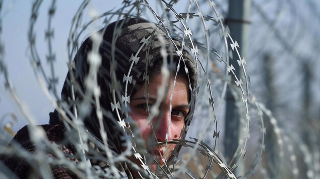 Portrait d'une jeune femme avec du fil de fer barbelé en arrière-plan concept de liberté et d'asile