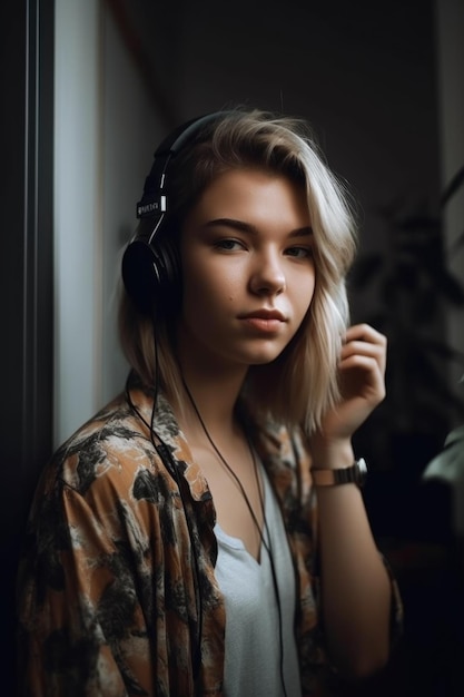 Portrait d'une jeune femme écoutant de la musique tout en se relaxant à la maison créée avec une IA générative