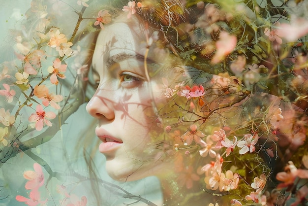Photo portrait d'une jeune femme européenne en profil entourée de fleurs au printemps