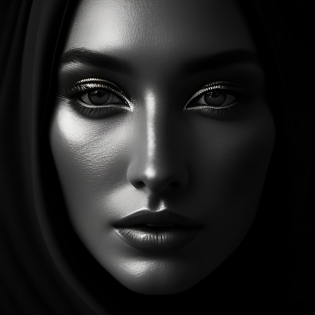 Portrait d'une jeune femme fictive à la tête couverte Monochrome noir et blanc
