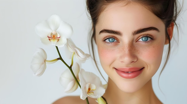 Portrait d'une jeune femme avec une fleur d'orchidée peau radiante beauté naturelle élégance idéale pour le bien-être et les cosmétiques IA