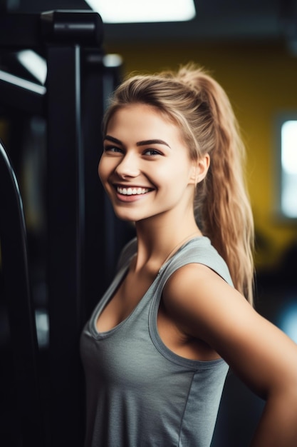 Portrait d'une jeune femme heureuse au gymnase créé avec l'IA générative