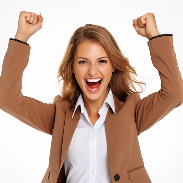 Portrait d'une jeune femme heureuse avec les bras levés en signe de victoire isolé sur blanc