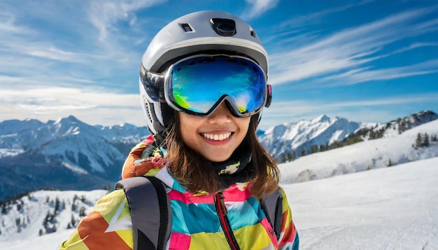 Portrait d'une jeune femme heureuse avec un casque de snowboard contre le ciel bleu une image sincère d'une femme confiante...