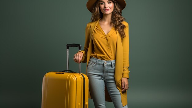 Portrait d'une jeune femme heureuse dans des vêtements élégants avec une ai générative de bagages