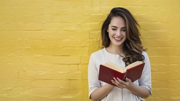 Portrait de jeune femme heureuse lisant un livre éducation étudiant apprenant la connaissance souriant émotion positive