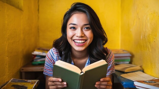 Portrait de jeune femme heureuse lisant un livre éducation étudiant apprenant la connaissance souriant émotion positive