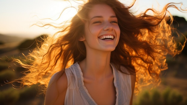 Portrait d'une jeune femme heureuse avec de longs cheveux roux et un sourire denté