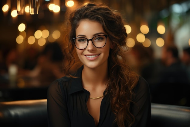Portrait d'une jeune femme heureuse avec des lunettes dans un restaurant sur le fond des lumières bokeh