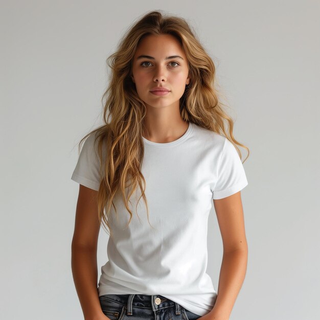 Photo portrait d'une jeune femme heureuse portant un t-shirt blanc en train de regarder la caméra