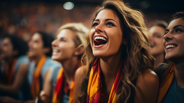 Portrait d'une jeune femme heureuse prenant un selfie avec des amis au festival de musique