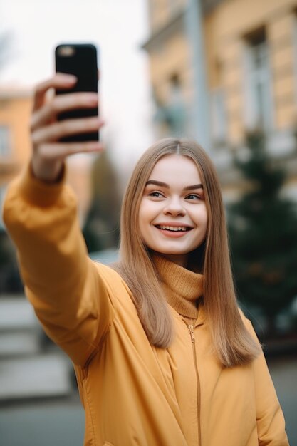 Portrait d'une jeune femme heureuse prenant des selfies avec son smartphone créé avec une IA générative