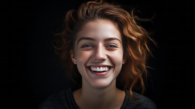 Portrait d'une jeune femme heureuse et souriante sur un fond noir génératif d'IA