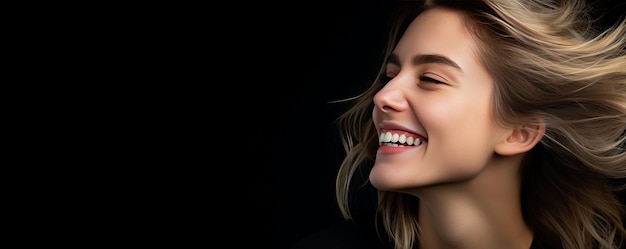 Portrait d'une jeune femme heureuse et souriante sur un fond noir génératif d'IA