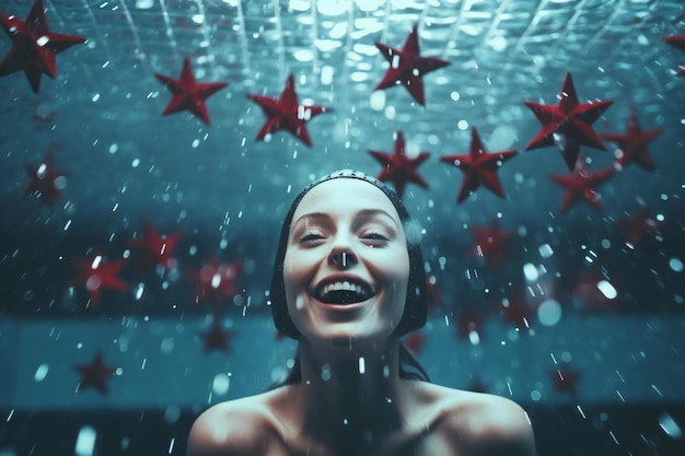 Photo portrait d'une jeune femme heureuse sous la neige tombante dans une boîte de nuit