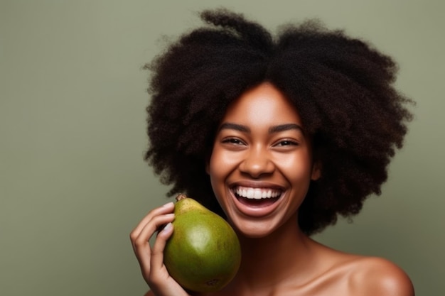 Portrait d'une jeune femme heureuse tenant un avocat créé avec une IA générative