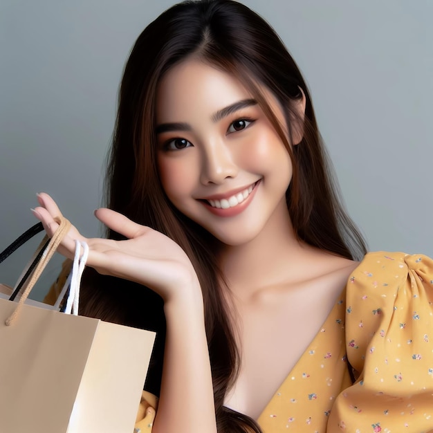 Photo portrait d'une jeune femme heureuse tenant un sac d'achat