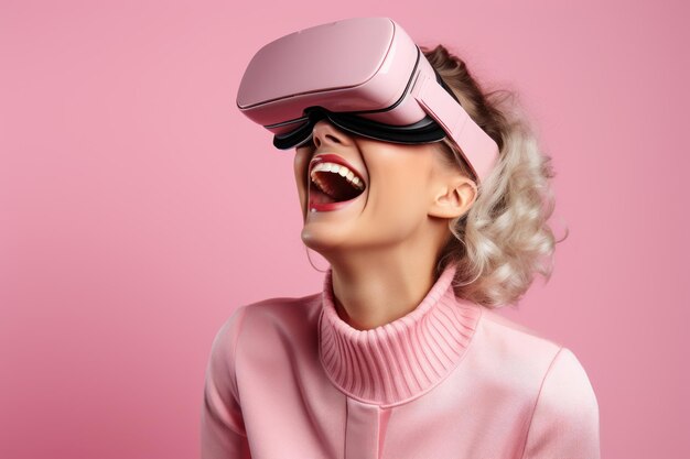 Portrait d'une jeune femme heureuse utilisant des lunettes VR de réalité virtuelle générative de métavers.