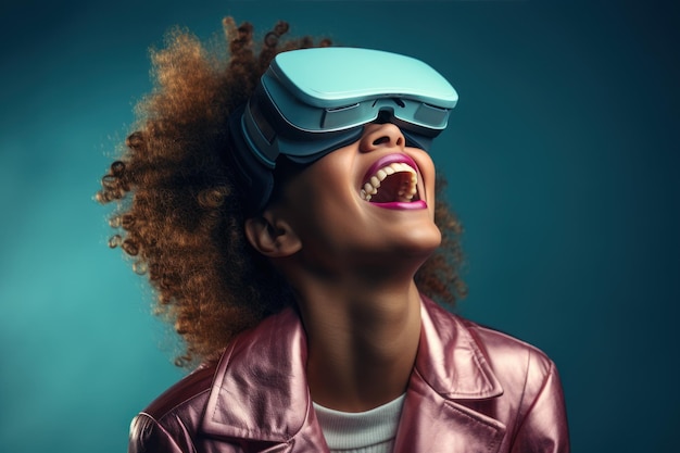 Portrait d'une jeune femme heureuse utilisant des lunettes VR de réalité virtuelle générative de métavers.