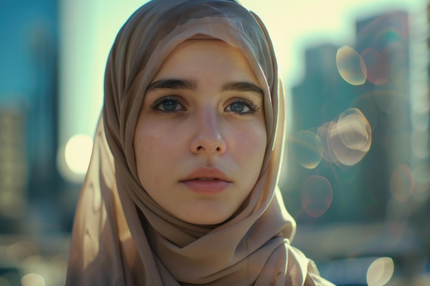 Portrait d'une jeune femme en hijab avec un fond urbain