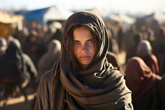 Photo portrait d'une jeune femme en hijab qui a perdu sa maison dans une guerre de conflit militaire et a émigré dans un camp de réfugiés symbolisant le soutien à la communauté mondiale pendant une crise humanitaire