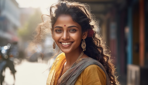 Portrait d'une jeune femme indienne dans la ville