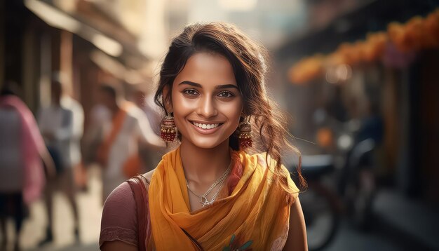 Portrait d'une jeune femme indienne dans la ville
