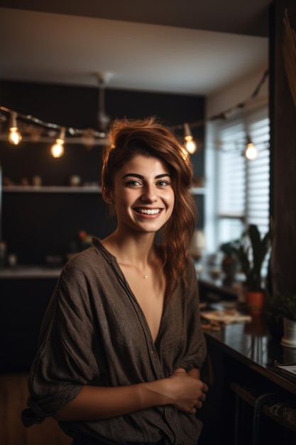 Portrait d'une jeune femme joyeuse dans sa maison créé avec l'AI générative