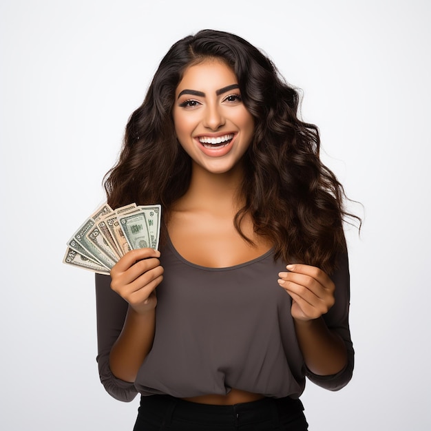 Portrait d'une jeune femme joyeuse tenant des billets de banque et célébrant isolé