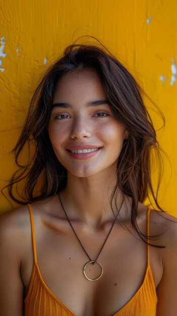 Photo portrait d'une jeune femme latine regardant la caméra sur un fond jaune isolé ai générative