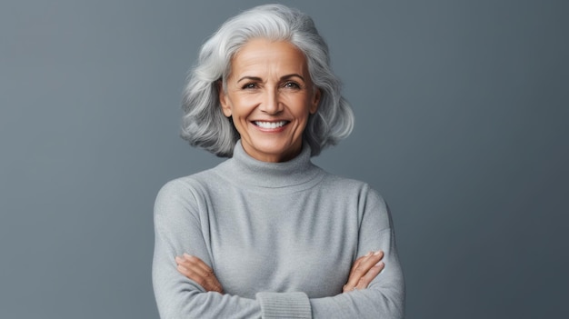 Portrait d'une jeune femme latine avec un sourire agréable et les bras croisés isolé sur un mur gris avec copie