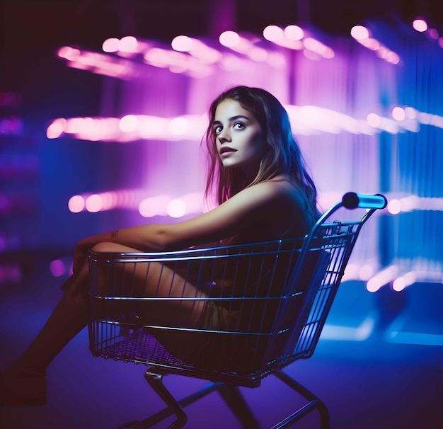 Portrait d'une jeune femme à la lumière du néon sur un fond sombre avec des sacs d'achat