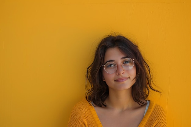 Portrait d'une jeune femme avec des lunettes souriante sur un fond jaune vibrant