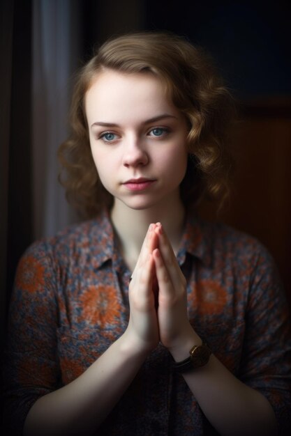 Portrait d'une jeune femme avec les mains en position de prière à la maison créé avec l'ai génératif