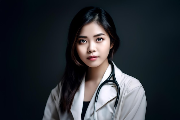 portrait d'une jeune femme médecin asiatique avec stéthoscope sur fond noir isolé IA générative