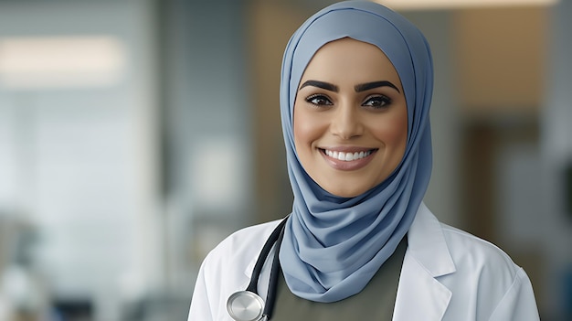 Portrait d'une jeune femme médecin musulmane debout dans le hall de l'hôpital vêtue d'un hijab portant un stéthoscope créé avec la technologie Generative AI