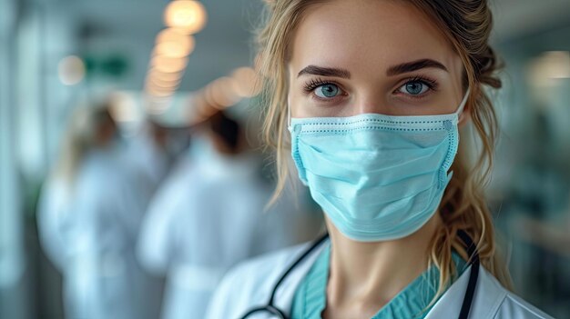 Photo portrait d'une jeune femme médecin portant un masque dans un hôpital