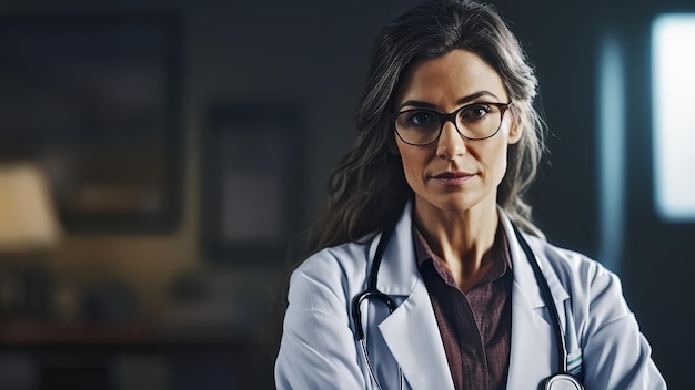 portrait d'une jeune femme médecin avec stéthoscope en clinique IA générative