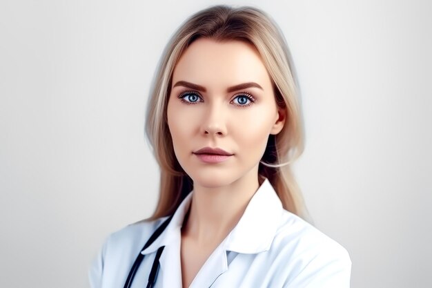 portrait d'une jeune femme médecin avec stéthoscope sur fond blanc isolé IA générative