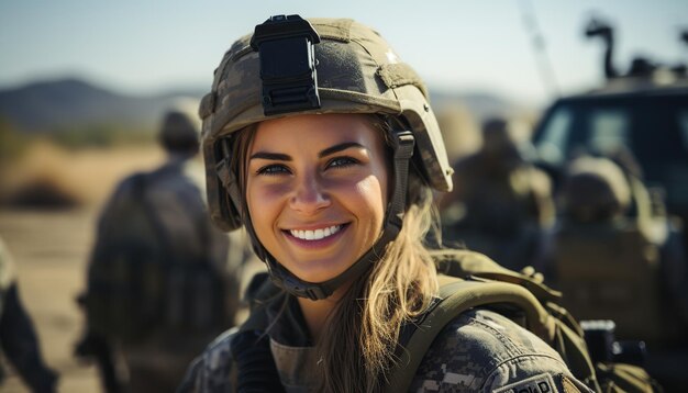 Photo portrait d'une jeune femme militaire avec du matériel de mission